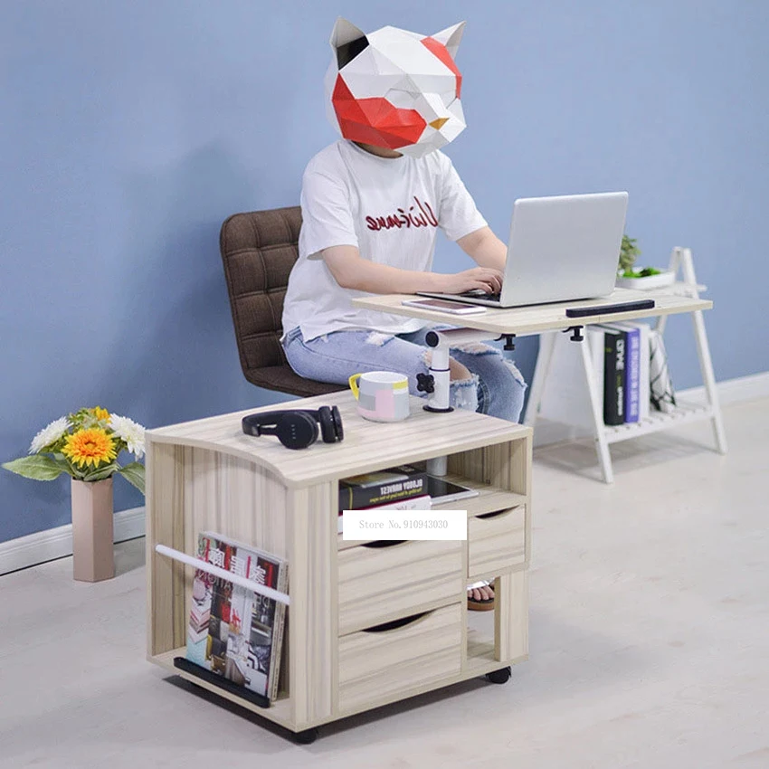 Notebook Laptop Desk Cabinet Wood Multifunctional Storage Cabinet Movable Laptop Nightstand Bedside Liftable Desktop