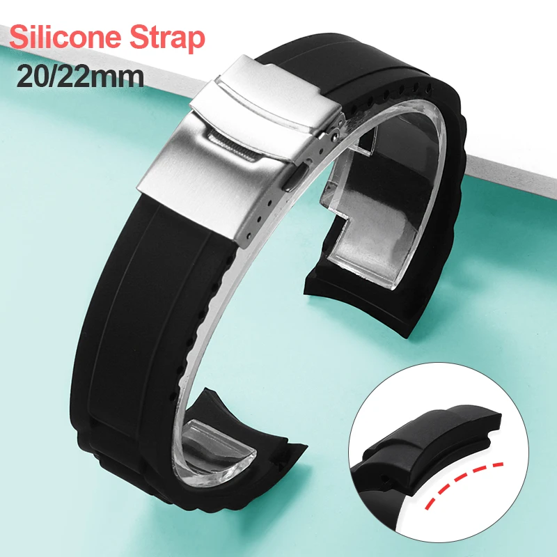 Curved End Silicone Watch Band 20mm 22mm Soft Rubber Watch Strap Folding Buckle for Men Watch Replacement Universal Bracelet