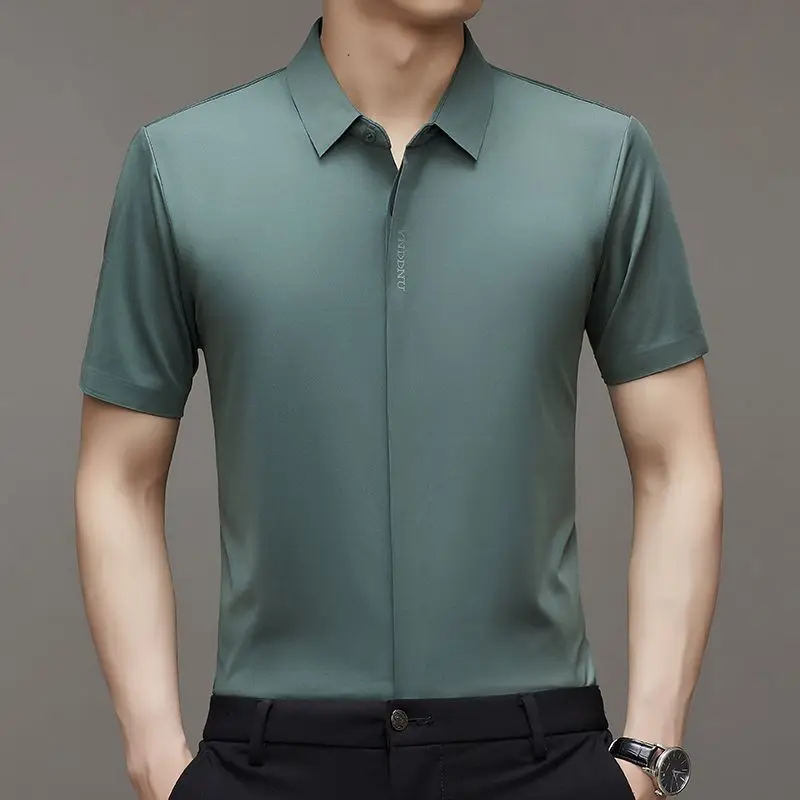 Summer Smart Casual Short Sleeved Men\'s Shirt Men\'s Solid Square Neck Button Embroidered Letter High End Wrinkle Resistant Tops