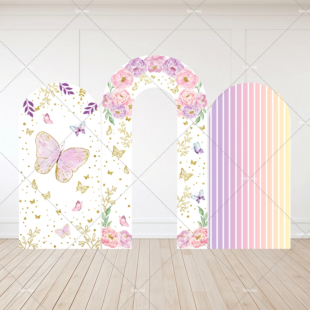 

Gold Butterfly Baby Shower Decorations for Girl Arch Backdrop Covers Pastel Rainbow Purple Pink Flowers Kids Birthday Open Wall