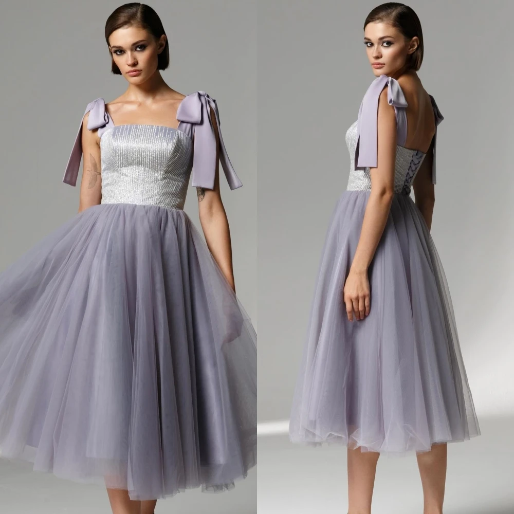 Customized Tulle Pleat Bow Cocktail Party A-line Square Neck Bespoke Occasion Gown Midi Dresses