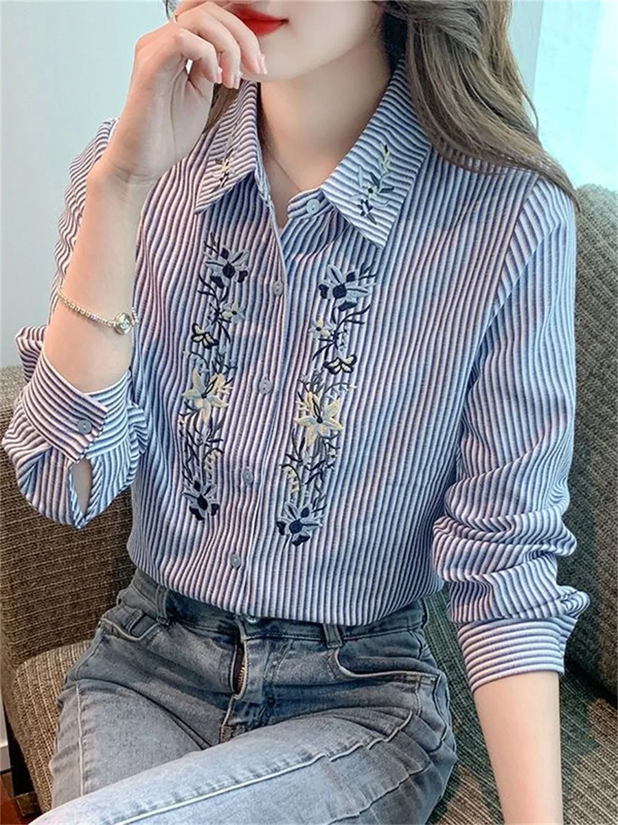 Embroidery Women Spring Autumn Blouses Shirts Lady Casual Long Sleeve Turn-down Collar Striped Printed Blusas Tops DF4781