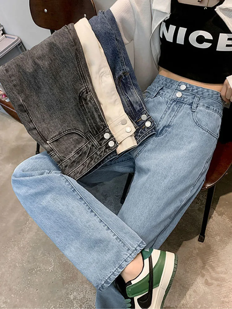Women Vintage Loose Wide Leg Pants Korean High Waist Baggy Casual Straight Denim Pants Chic Design Double Buckle Solid Vaqueros