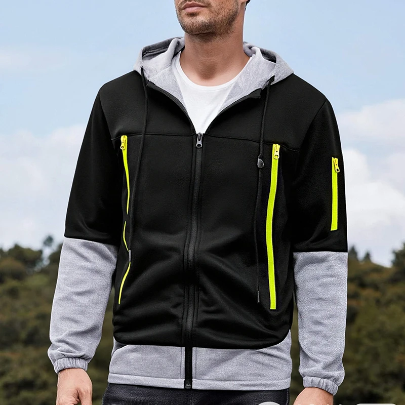 الرجال خريف شتاء دافئ في الهواء الطلق سترة التكتيكية صوف مبطن Colorblock المرقعة أبلى زمم معطف مقنع مع جيوب سستة #4