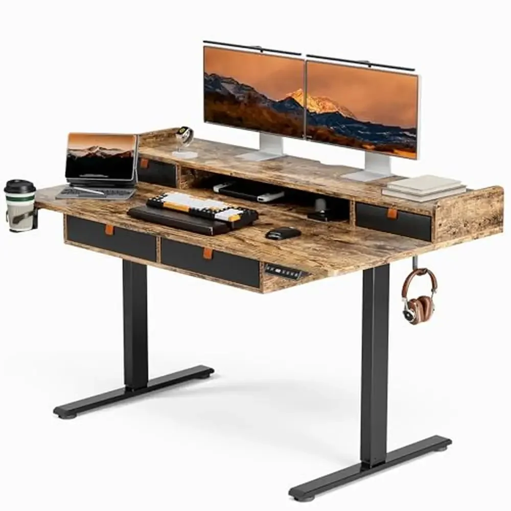 Adjustable Standing Desk with Double Drawers 55x30 Inches Sit Stand Desk with 3 Memory Heights Home Office Desk with 2-Year