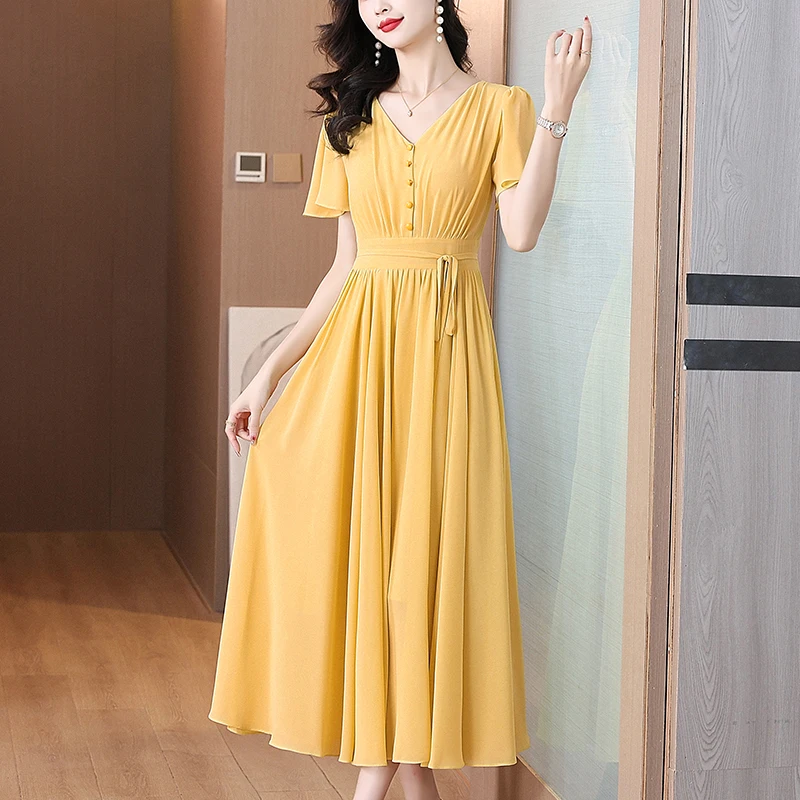 Women Beach Solid Chiffon Maxi Dress Summer Boho Fashion Elegant Chiffon Vintage Midi Vestidos 2025 Luxury Dance Party Dresses