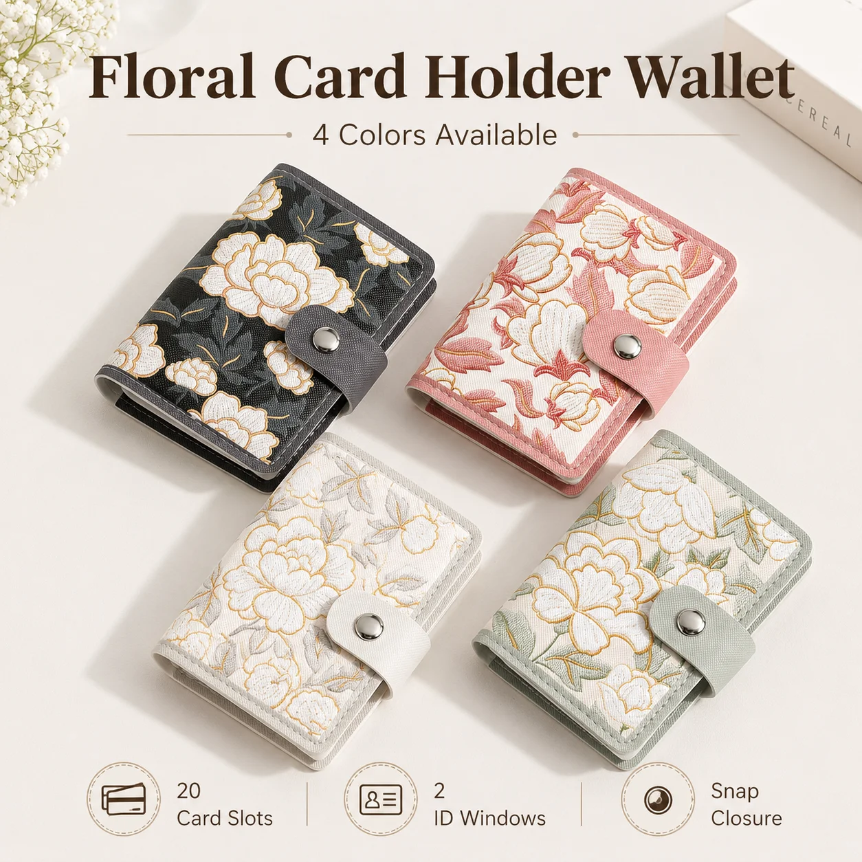 

Floral Card Holder Wallet Women Compact Credit Card Organizer 20 Slots 2 ID Windows Snap Closure