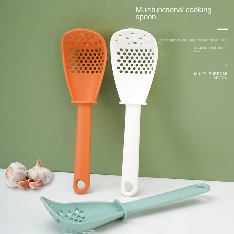 5 Colors Multifunctional Kitchen Cooking Spoon Heat-resistant Hanging Hole Innovative Potato Garlic Press Colander Spoon Utensil