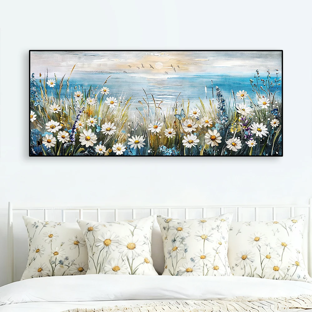 

1pc Large Frameless Abstract Seaside Canvas Art -White Flower Blossoms Wall Decor, Modern Flat Print Coastal Home Decor