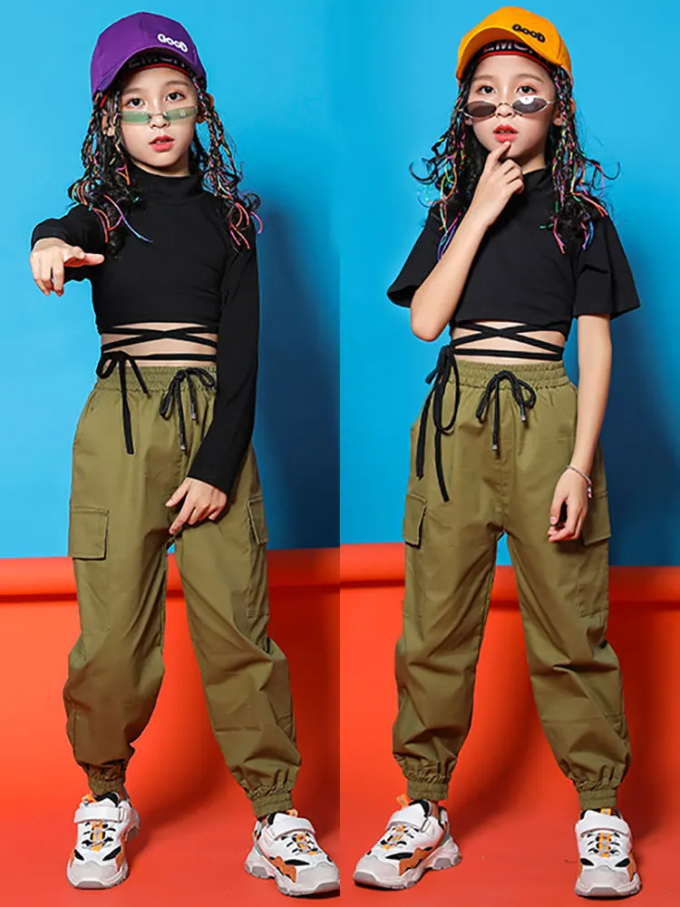 Abbigliamento Hip Hop per bambini Completo Costumi di danza per ragazza Camicia corta verde militare Top Pantaloni da jogging Jazz Ballo da sala Abbigliamento da strada