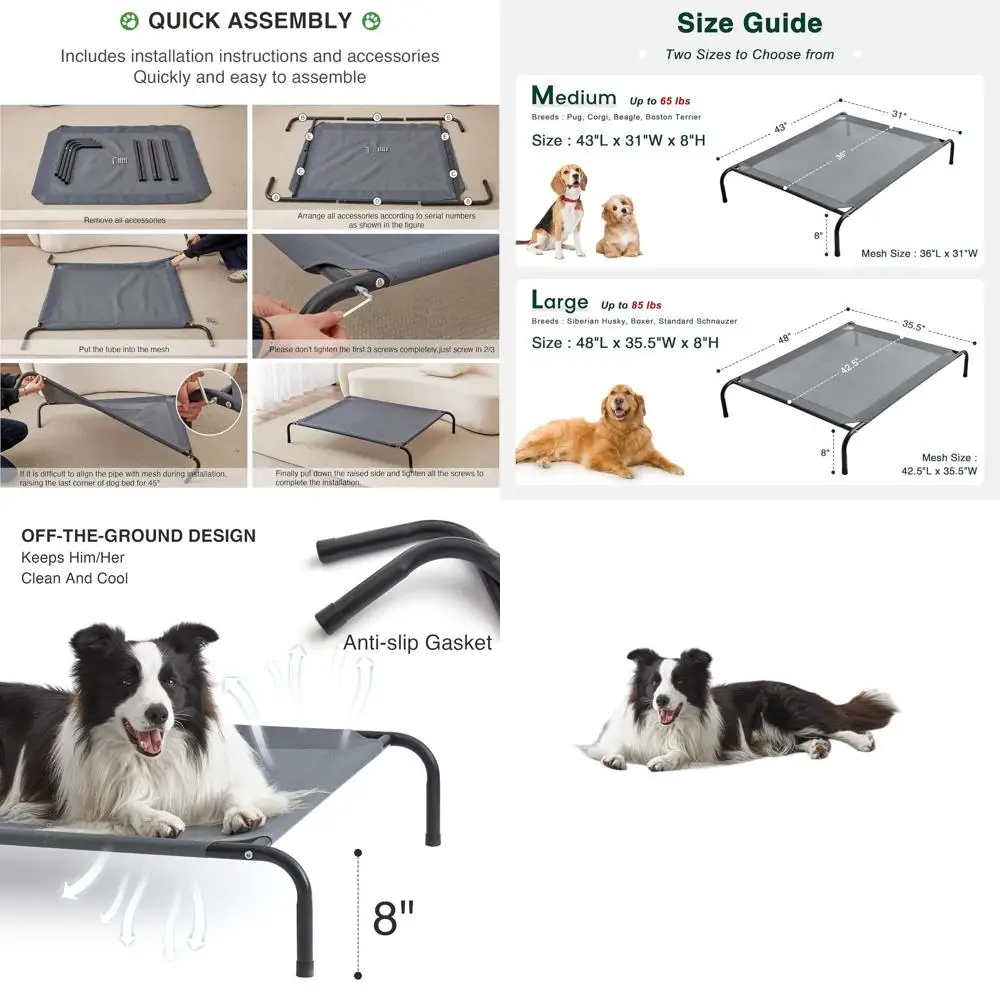 

Portable Elevated Cooling Dog Bed for Large Dogs, Outdoor & Indoor Use, Durable Frame with Mesh, Grey, 48