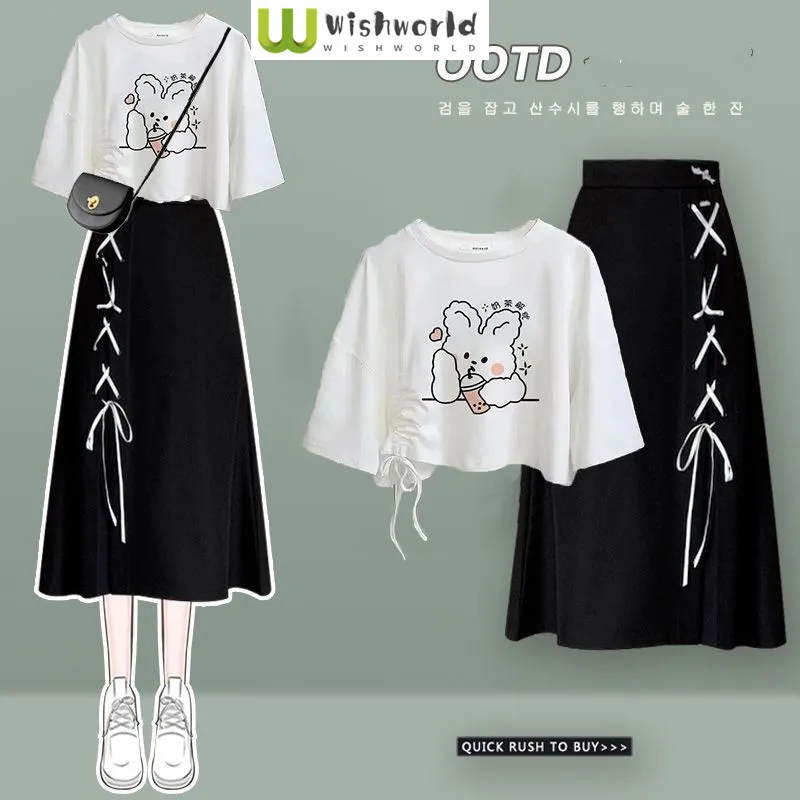 

Spring/Summer Set Women's Korean Loose Drawstring Short Sleeved T-shirt+Casual Age Reducing Skirt Two Piece Set