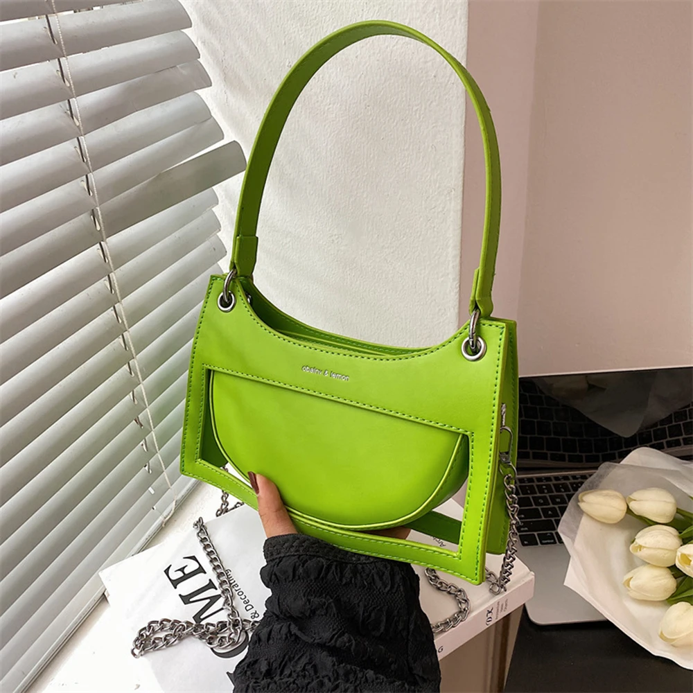 Bright Orange Green Casual Crossbody Bag Cut-out Shoulder Purse With Chain Women Underarm Bag Creative Design Crossbody Pack