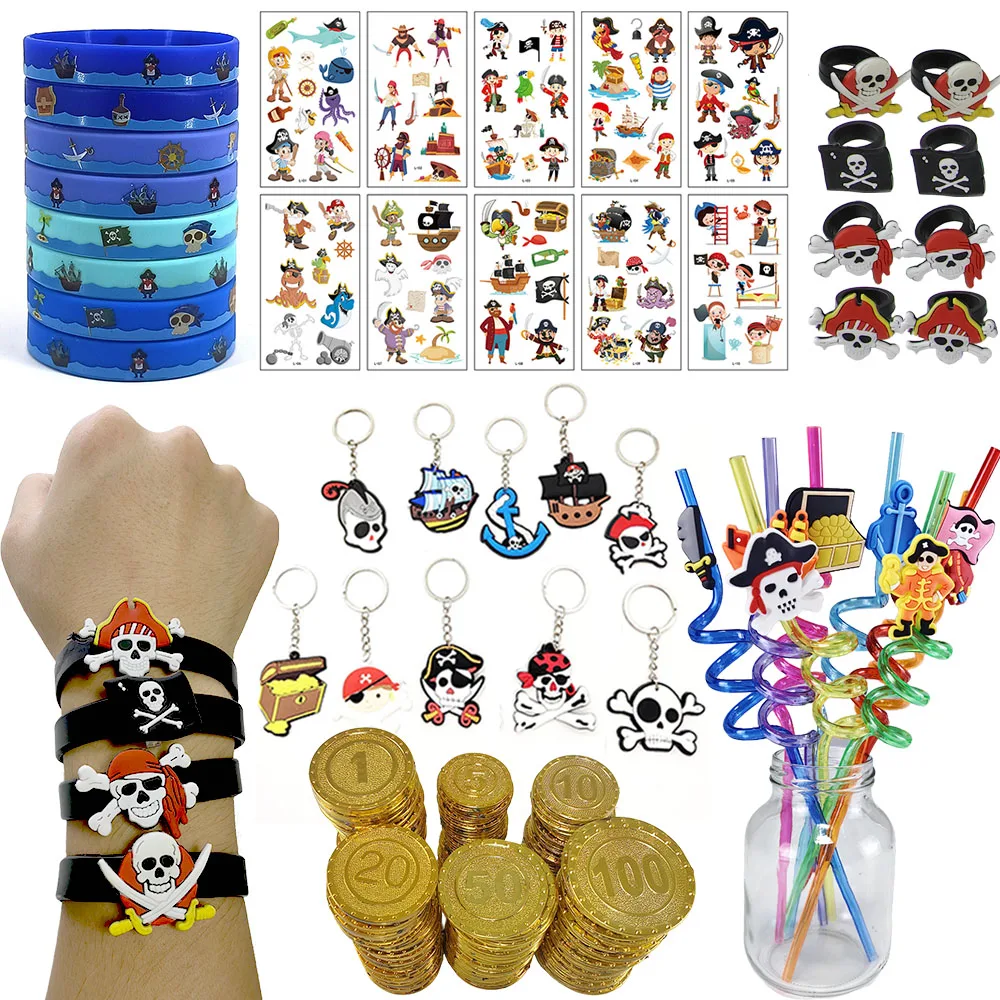 Pirate Party Favors Pirate Silicone Keychains Wristband Bracelets Rings Tattoos Straws Pirate Birthday Party Goodies Bag Fillers