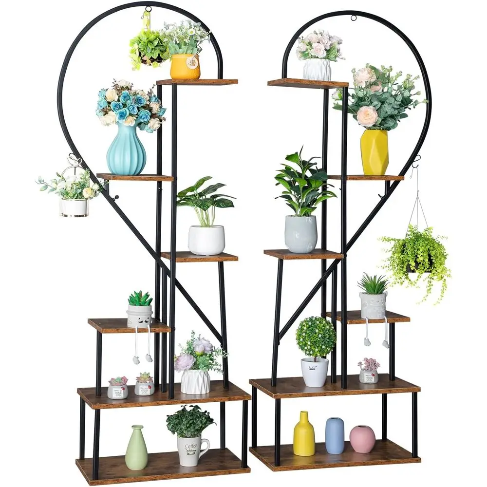 6-stufiger Halbherz-Pflanzenständer für Außenräume – schwarzes Metall und Holz, 22 B x 11 T x 66 H