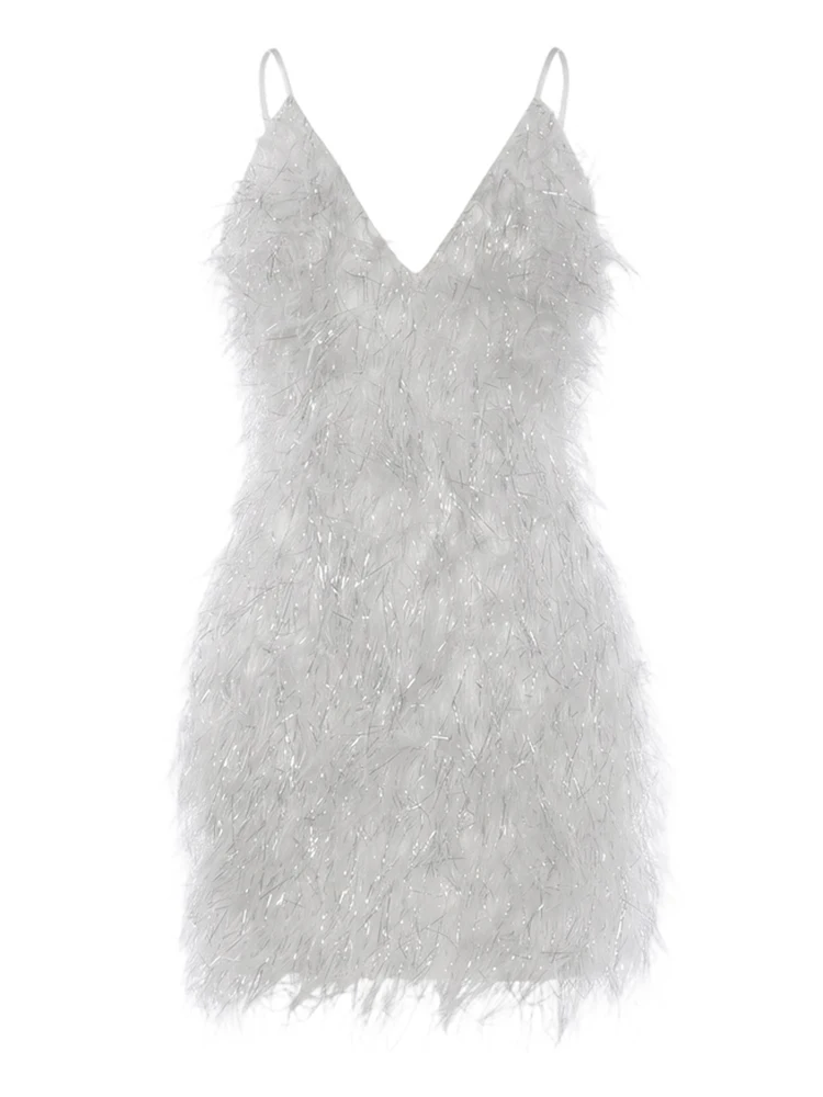 Weird Puss Furry Tassel Sling Kleid Damen Sommer Trend Spaghettiträger Tiefer Ausschnitt Rückenfrei Figurbetont Pfirsichfarben Hüftbetont Modisch Mini Bodycon – Detail 2