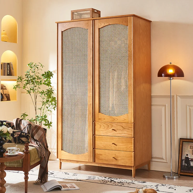 

Wabi Sand Solid Wood Wardrobe Household Bedroom Small Apartment Partition Multifunctional Storage Wardrobe Double Door Homestay