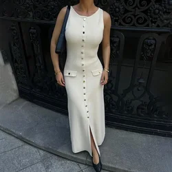 Trendix Elegant Knitted Dress For Women Patchwork Pocket Sleeveless High Waist Long Dresses Femme Street Slim Knit Evening Dress