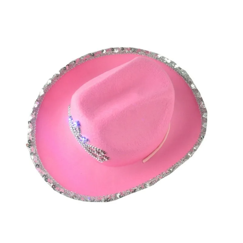 Pink Cowboy Hats for Women Girls Wide Brim Western Hats Y2K Glitter Crown Sequin Feather Caps Cowgirl Party Costume Accessories