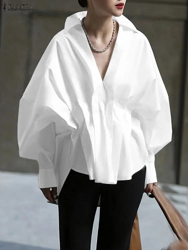 ZANZEA Donna Autunno OL Camicetta da lavoro 2025 Elegante risvolto Collo Manica lunga Top Camicia alta bassa Solido a pieghe Blusas Chemise femminile