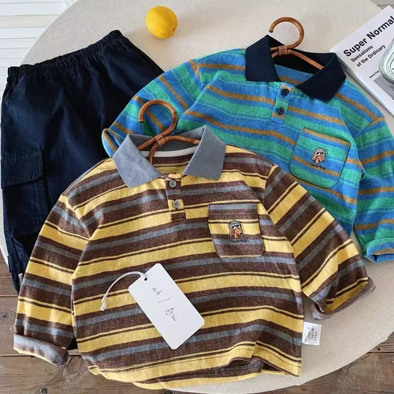 Spring Autumn New Kids Striped Polo Shirt Boys Girls Puppy Pocket Top Baby Long Sleeve Basic Tee Fashionable and Good-looking