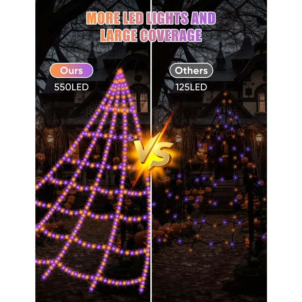 Lumières décoratives de toile d'araignée Halloween, lumières géantes d'extérieur, 8 modes, étanche et minuterie, 550 LED