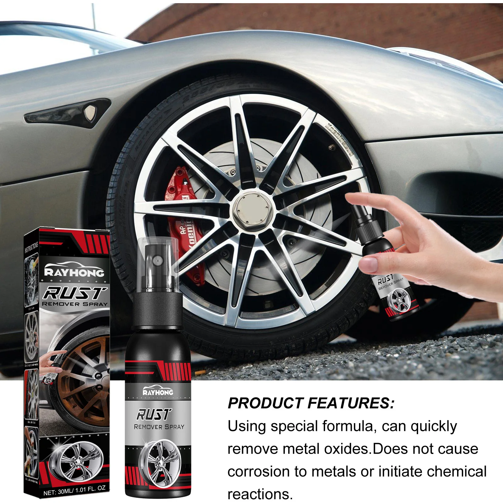 Car Wheel Rust Remover, Car Paint Rust Cleaning, Stain Removal, Brightening Agent, Rust Removal Conversion Agent