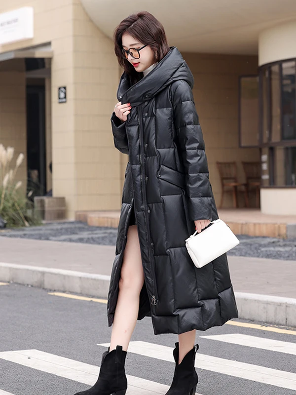 Haining couro genuíno para baixo jaet longo feminino sle 2025 inverno novo coreano solto plus size casaco de pele eepskin