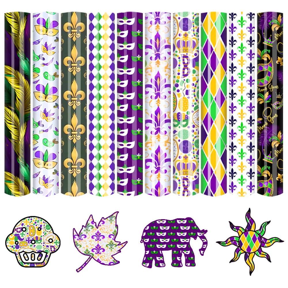 10 hojas de vinilo con transferencia térmica temática de Mardi Gras, 12 x 9,8 pulgadas, mezcladas con elementos de Mardi Gras como máscaras, flor - de