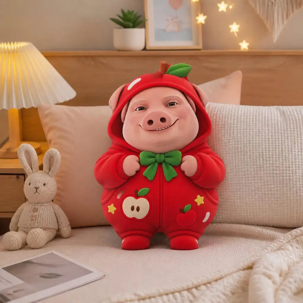 John Pork Red Apple Costume Shaped Pillow Cute Pig Cushion Stuffed Throw Pillow for Sofa Cartoon Home Decor Bedroom Gift