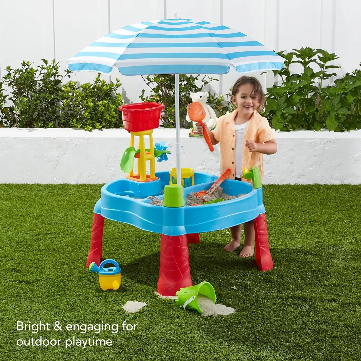 Kinderzand En Water Outdoor Activiteitstafel, Childs 2-In-1 Speelset Met 18 Accessoires, Verstelbare Paraplu, 120 Capaciteit