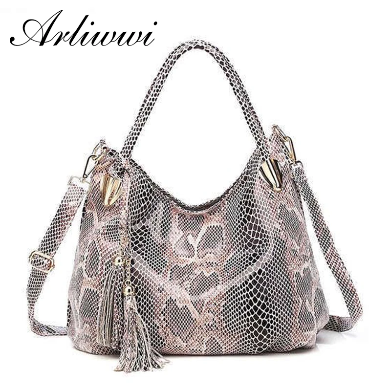 Luxury Serpentine Embossed PU Leather Large Handbags For Women Fashion Featured Shiny Printing Ladies Shoulder Bags