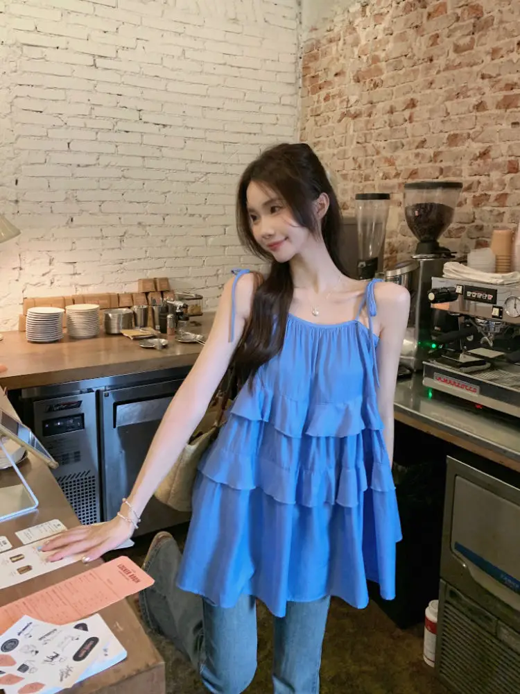 

Elegant Ruffles Lace Up Women Short Upper Garment Sling Cotton Sleeveless Backless Beach 2024 Summer New Lady Korean Design