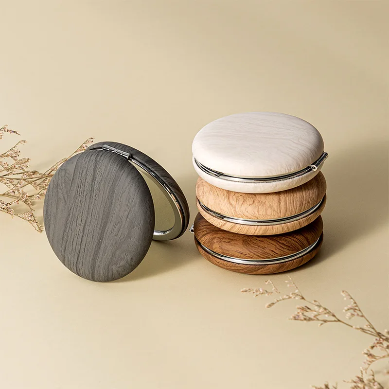 

Wood Grain PU Portable Makeup Mirror, Dual-Sided HD Mirror with Folding Travel Design
