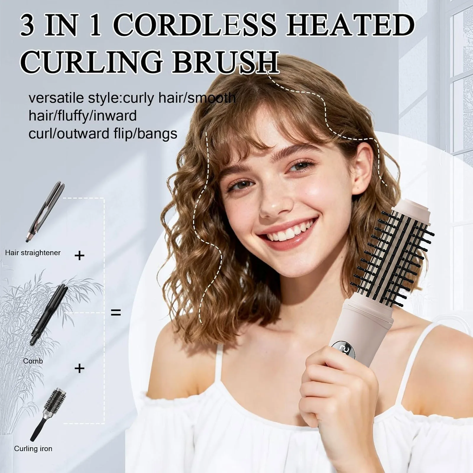 Fast Heating Cordless Hair Straightener Curler Brush 3 In 1 Rechargeable Portable StylingComb For Travel Dorm Daily Hair Care