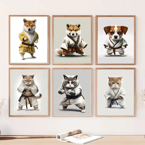 Karate gato perro lienzo arte moderno decoración de pared cartel para sala de estar dormitorio de niños