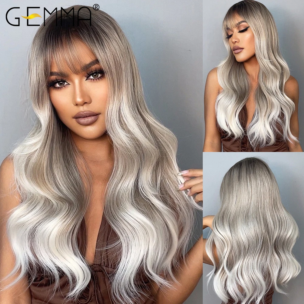 GEMMA Long Wave Ombre Gray Ash Wavy Wigs for Women Light Blonde Platinum Synthetic Wig with Bangs Daily Party Heat Resistant Hai