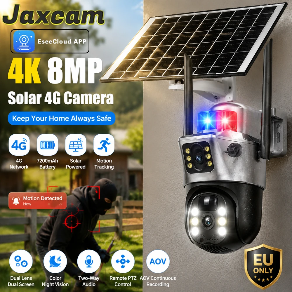 EseeCloud 4K 8MP Dual‑View 4G Solar PTZ Cam AOV Mode Motion Tracking, Color Night Vision Outdoor Home Security Cam