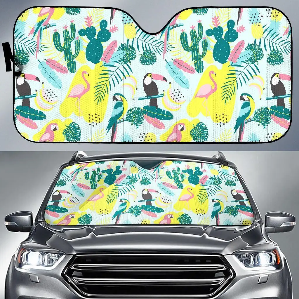 Pastal Parrot Bird Floral Pattern Print Auto Sun Shade Car Windshield Window Cover Sunshade