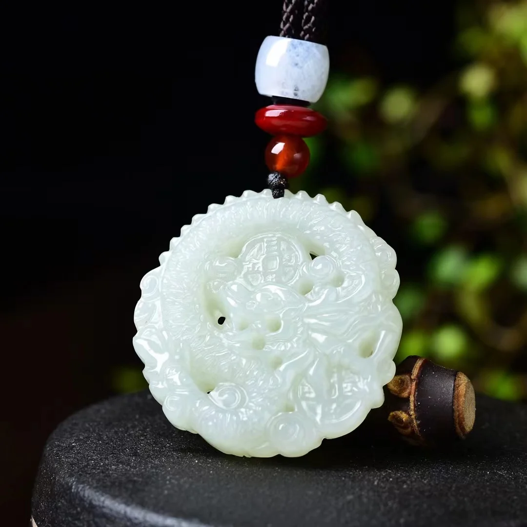 Pure natural Hetian jade carving fortune dragon 39*40MM pendant jewelry 1899#