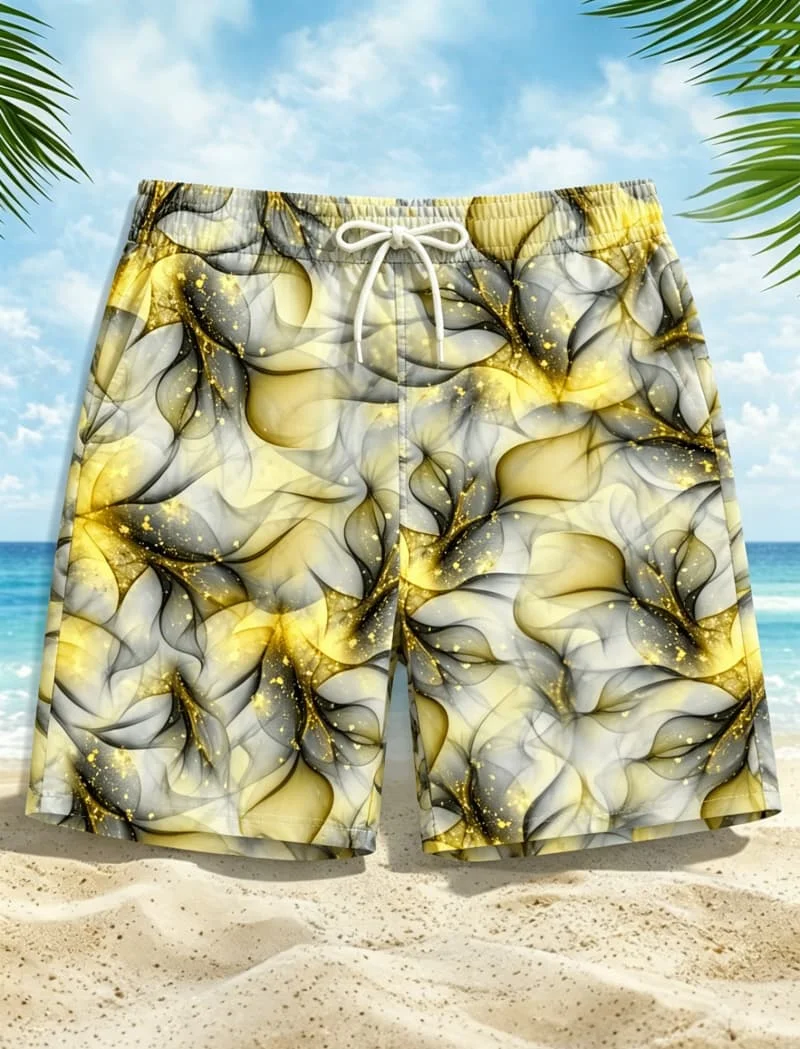 

Men's psychedelic tropical floral art printed quick drying drawstring beach shorts, suitable for beach vacations