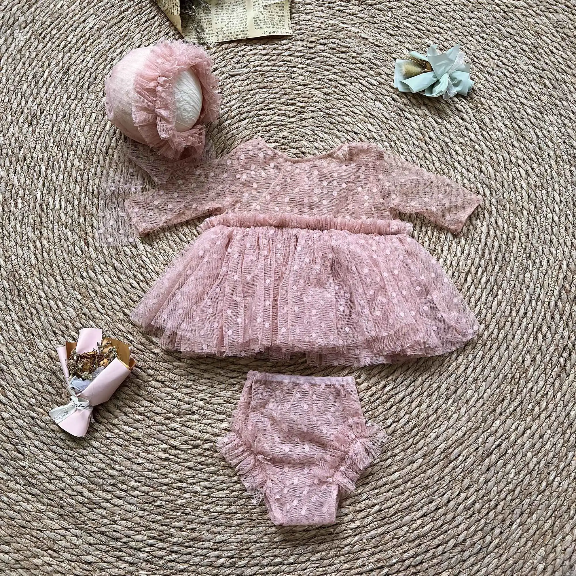 Don&Judy Newborn Rust Red Tulle Polka Dot Dress Hat Set Photo Shoot Props Photography Baby Newborn For  Photoshooting