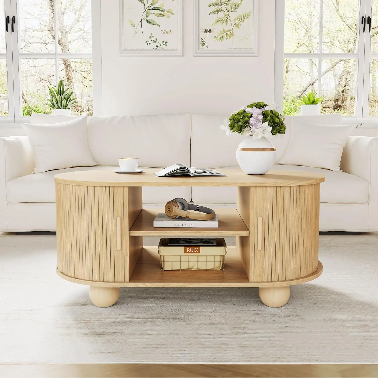

Rectangle Coffee Table, Fluted Coffee Tables for Living Room, Mid-Century Coffee Table Center Table with Storage, Customized