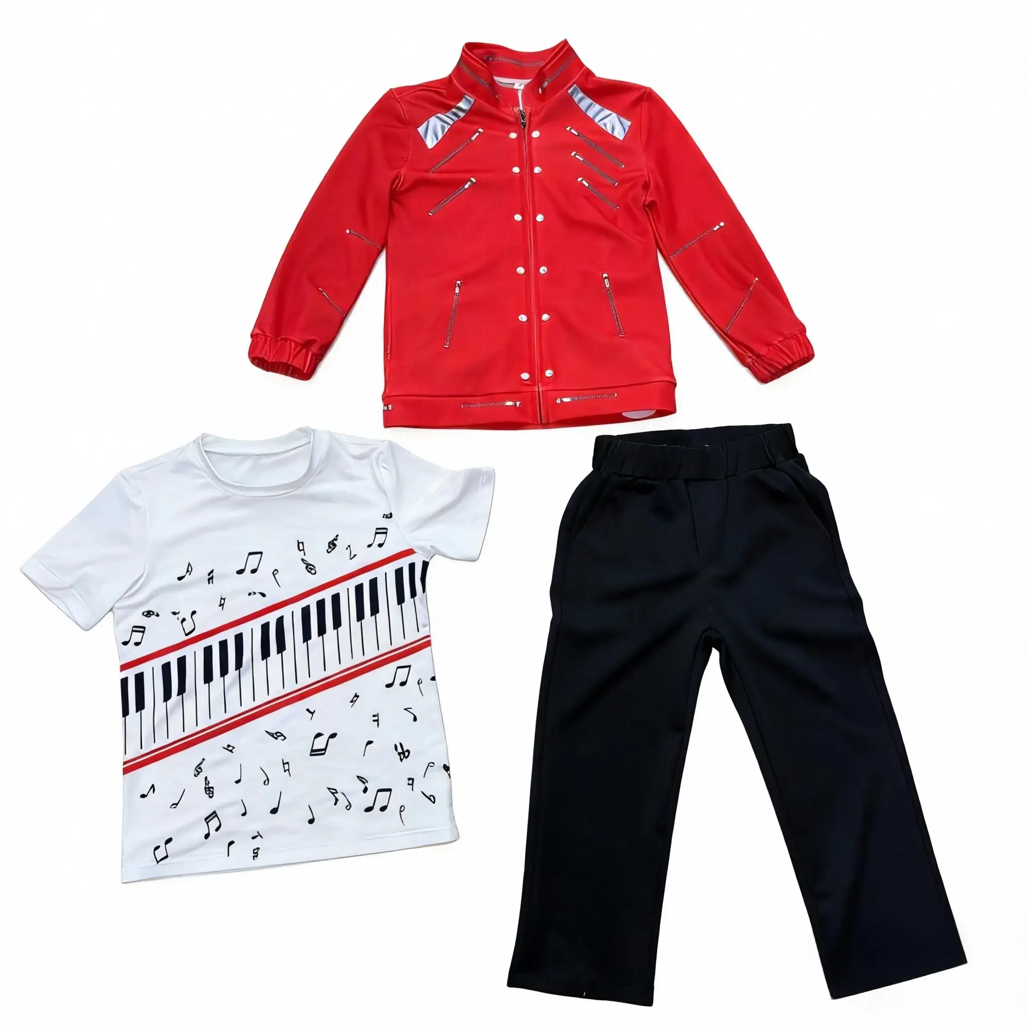 Kinder Jungen Superstar Sänger Cosplay Kostüm Set Rote Jacke Hose Hut Handschuhe Perücke für Halloween Party Auftritt – Detail 4