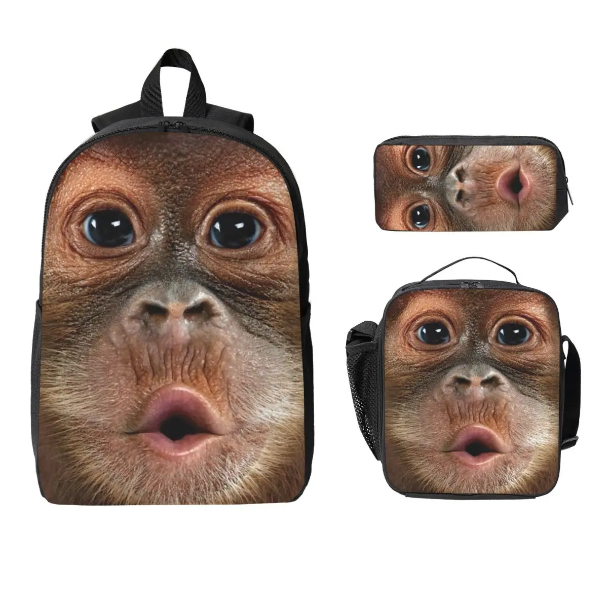 

Big Face Baby Orangutan Monkey Backpack Boys Girls BookBag School Bag Laptop Shoulder Bags 3ps Insulated Lunch Bag Pencil Case