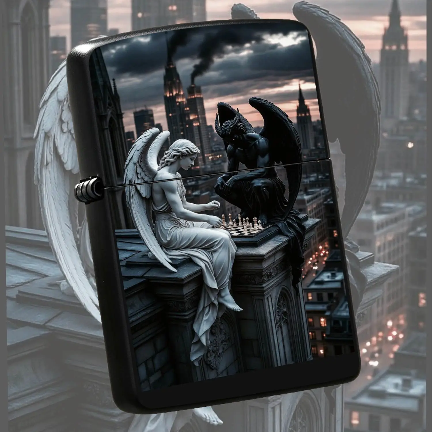 Gothic Art Angel And Playing Chess Lighter, Dark Aesthetic City Twilight Decor, Unique Creative Portable Accessory, Ideal For Daily Use Gifting Collection, Multi-Scene Stylish Ornament For Art Lovers A Humorous And Interesting Lighter