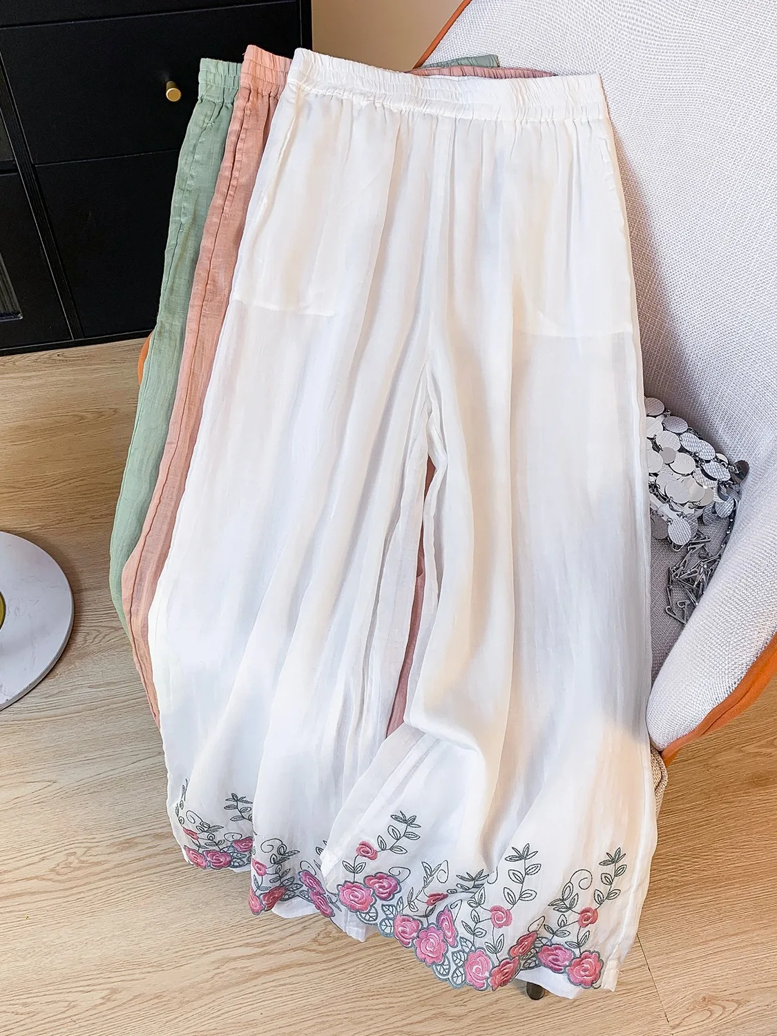 

Elegant Embroidered Cotton Linen Wide Leg Pants Women Summer Casual High Waist Draped Straight Cut Long Trousers Skirt