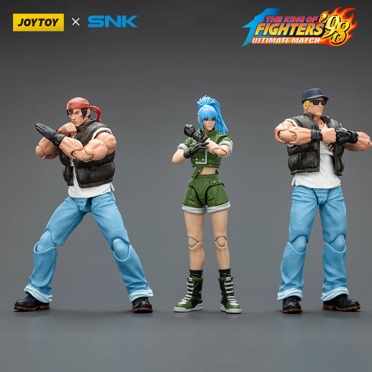 JOYTOY SNK Figurka Akcji 1/18 KOF'98UM Ikari Warriors Team Anime Figurka Leona Heidern/Ralf Jones/Clark Still Model Statua Zabawka
