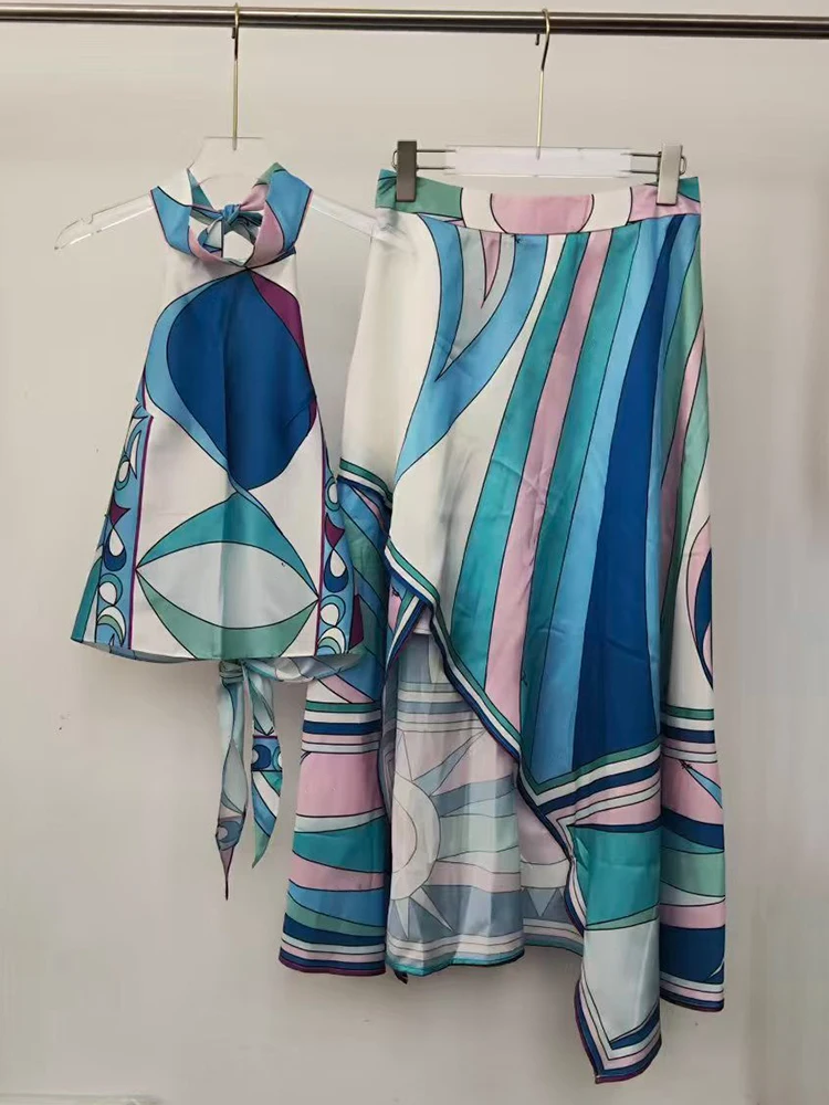 2026 Summer Women's Clothing Retro Geometric Print Sexy Leaky Back Halter Vest Top Two-piece Set + Loose Irregular Skirt Suit