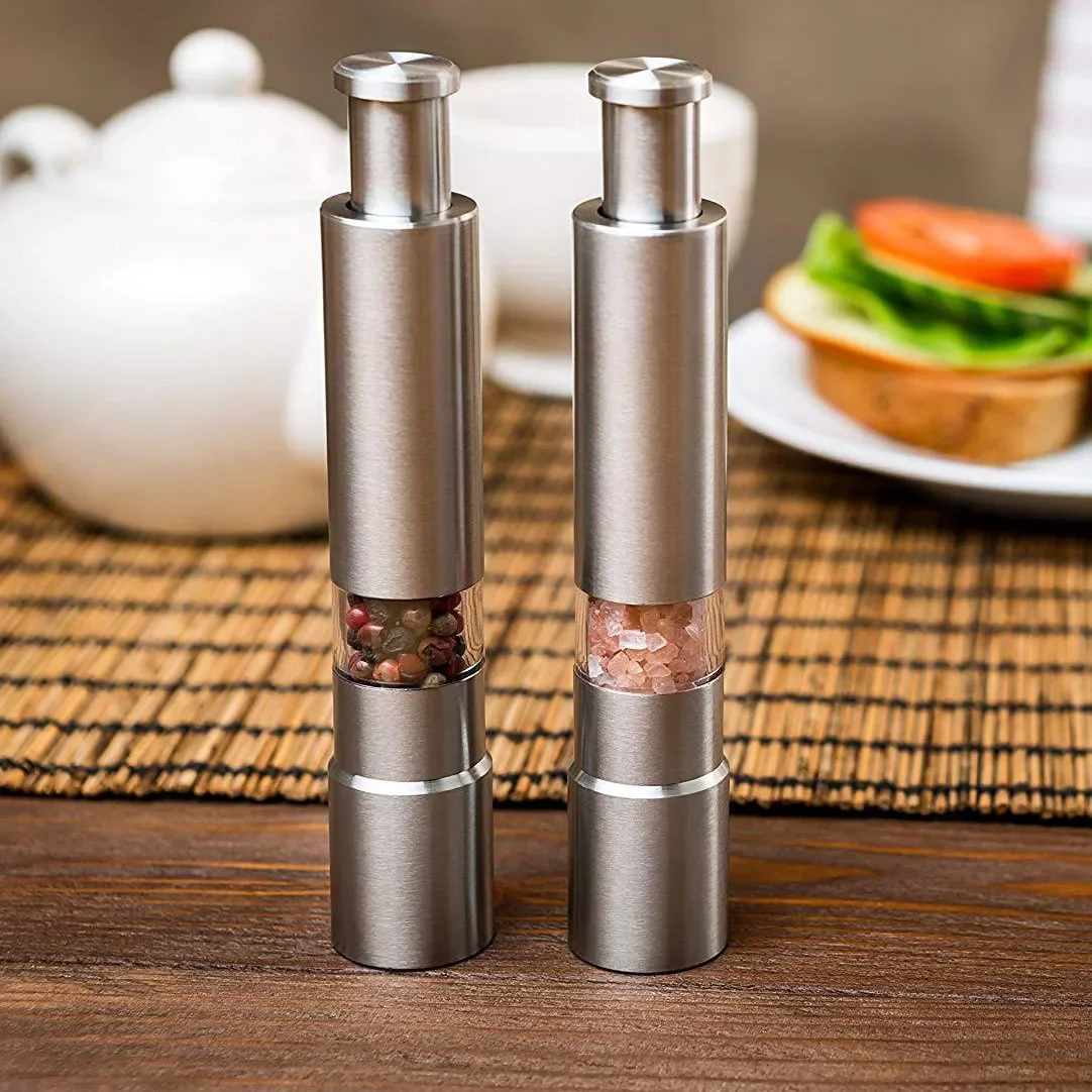 Manual Salt and Pepper Grinder Set Stainless Steel Thumb Push Pepper Mill Spice Sauce Grinders With Metal Holder Kitchen Tool